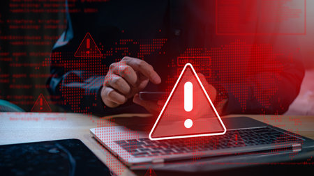System warning: hacked alert! Cyberattack on computer network. Cybersecurity vulnerability, data...