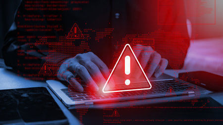 System warning: hacked alert! Cyberattack on computer network. Cybersecurity vulnerability, data...