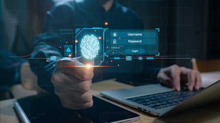 Scanning a virtual fingerprint provides secure access, verifying biometric identity and protecting...