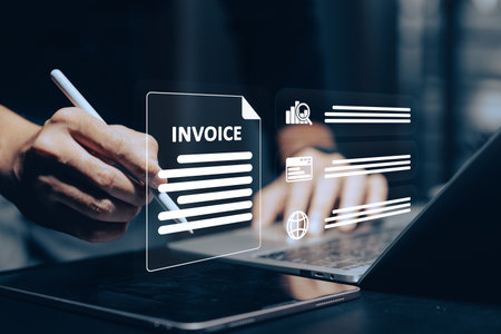 Digital Business Management: Hands interacting with virtual invoice documents and business icons...