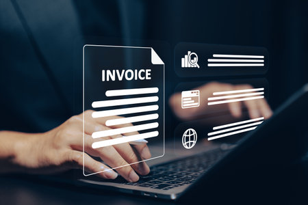 Digital Business Management: Hands interacting with virtual invoice documents and business icons...