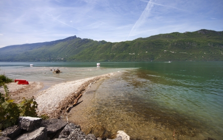 View of Lake Bourget of Aix-les-bains, in french alps, France, 08 May, 2013  のeditorial素材