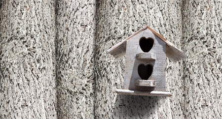 Bird house with the entrance hole with trees.