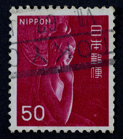 JAPAN - CIRCA 1966: A stamp shows Miroku Bosatsu wood statue in Chugu-ji, Nara perfecture, printed in Japan circa 1966.のeditorial素材