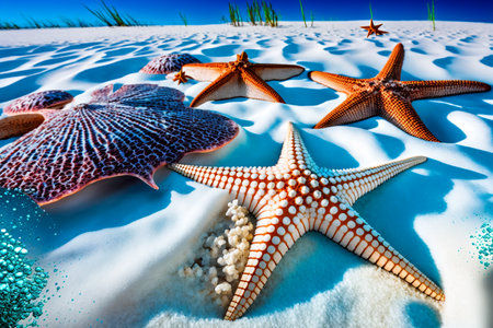 Starfishes on the white sand in Phuket, Thailandの写真素材
