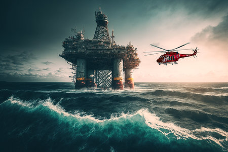A red helicopter flew off an oil rig. In the middle of the ocean, Generative AIの素材
