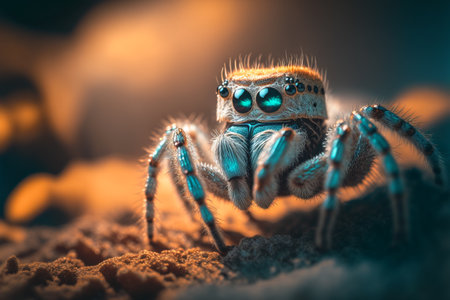 Jumping spiders are small in size, have many eyes, and have beautiful hair and colors, Generative AIの素材