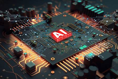 An electronic circuit board with a red glowing AI in the middle floats up with a circuit pattern splitting into both sides.の素材