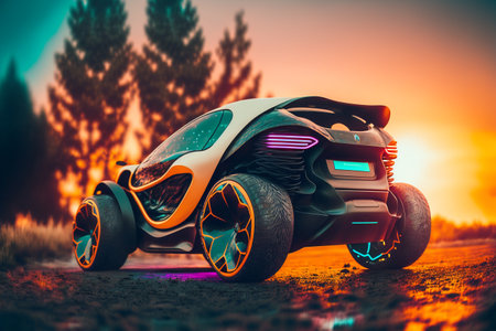 prototype concept car Beautiful picture at sunsetの素材