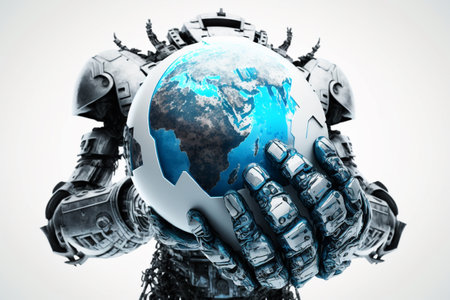 The globe is surrounded by robots. And all of them were created by humans.の素材