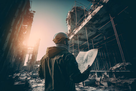 Engineer holding a construction plan to inspect the construction of high-rise buildingsの素材