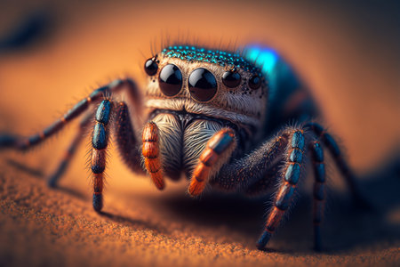 Jumping spiders are small in size, have many eyes, and have beautiful hair and colors, Generative AIの素材