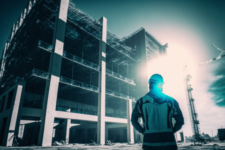 Engineer holding a construction plan to inspect the construction of high-rise buildingsの素材