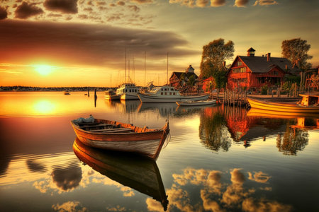 A small pier in a rural village Beautiful evening light, quietの素材
