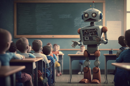 illustration of schools of future. Smart self automated robot in school, teaching in class, Generative AIの素材