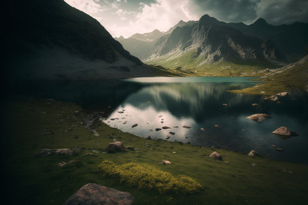 Beautiful lake with mountains in the background, Panorama of the lake surrounded by mountains.の素材