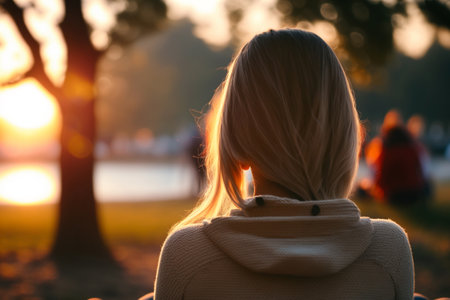 women sitting alone on a park bench in beautiful fall landscape, depression symptoms conceptの素材