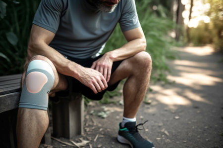 The athlete holds on to his knee as he feels painの素材