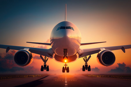 Passenger airplane taking of at sunriseの素材
