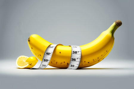 Measuring tape and banana on yellow white Weight loss conceptの素材