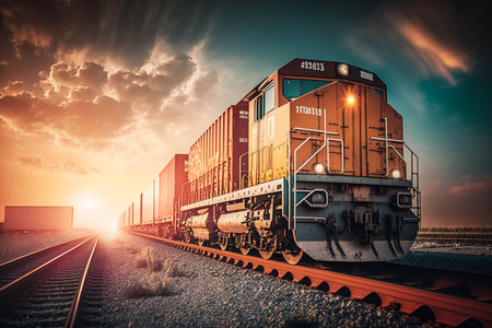 Powerful diesel locomotive with a heavy freight train in a beautiful sunset lightの素材