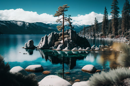 Beautiful landscape view of pine forest tree and lake view of reservoirの素材