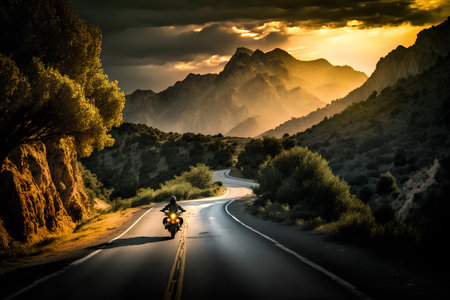 Motorcyclist in action in sunset lightの素材
