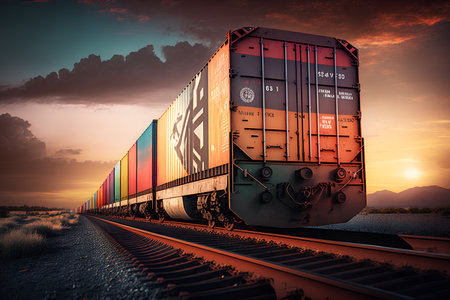 Powerful diesel locomotive with a heavy freight train in a beautiful sunset lightの素材