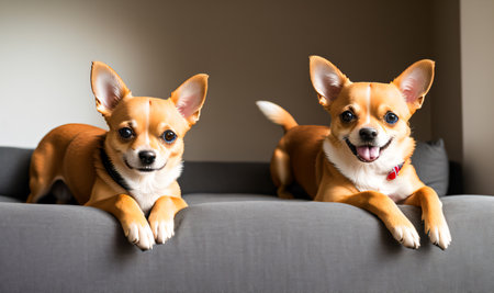 Closeup of two lovely, cute domestic breed mammal chihuahua puppies friends lying, relaxing in dog bed.の素材