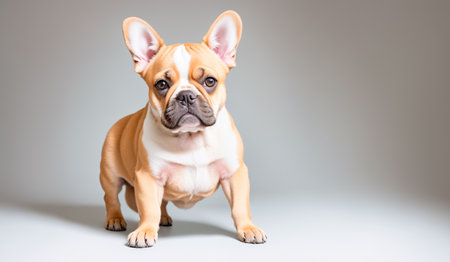 Brown french bulldog standing looking at camera on a white backgroundの素材