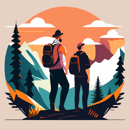 Two tourists with backpacks standing in mountain landscape with forest, under blue sky with clouds and flying birdsのイラスト素材
