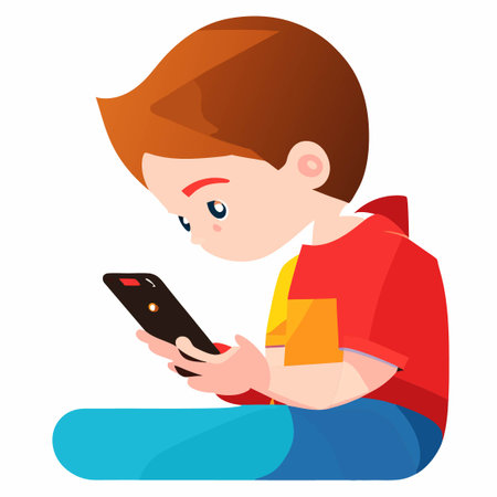 Young boy uses his phone vector illustration isolated on white, phone or internet addiction concept, serious thinking teen boy with smartphone.のイラスト素材