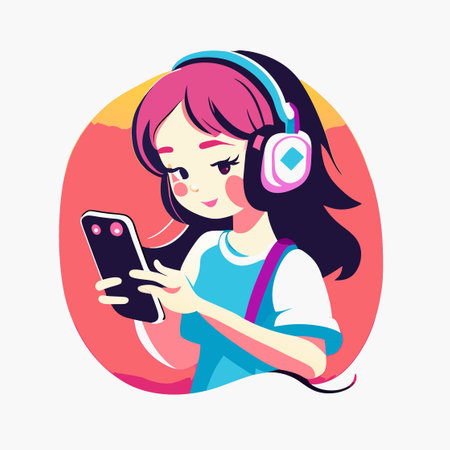little girl playing smartphone. gaming, watching. happy smile. vector flat illustration.のイラスト素材