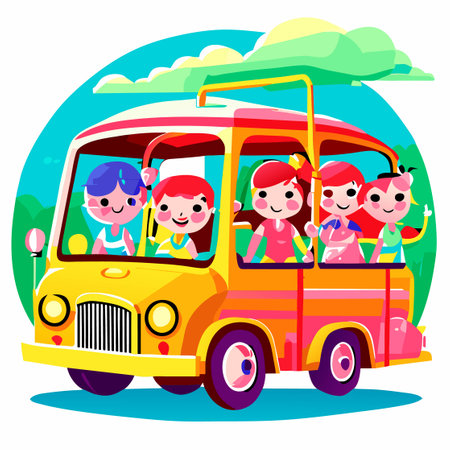 Happy smiling kids riding on a school bus with a driver. Front view. Colorful flat style cartoon vector illustration isolated on white background.のイラスト素材