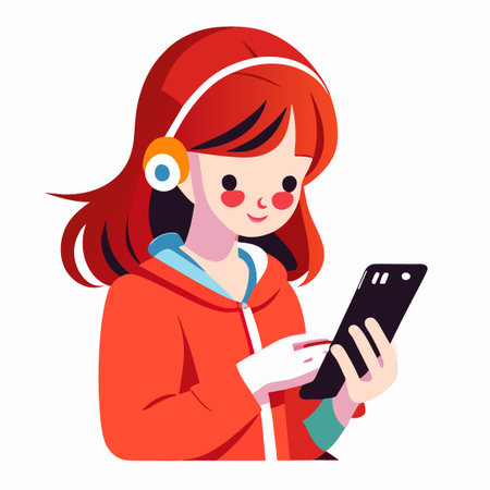 little girl playing smartphone. gaming, watching. happy smile. vector flat illustration.のイラスト素材