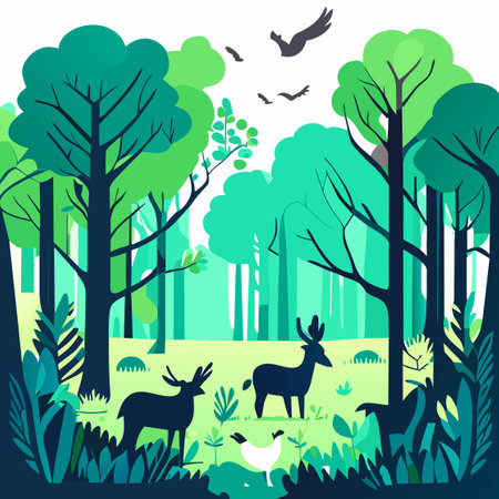Background with deciduous forest, birds and deer. Vector illustrationのイラスト素材