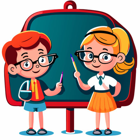 Two school children in front of chalkboard, funny vector illustrationのイラスト素材