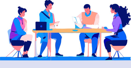 Sit business meeting - Four people in casual clothing having a sit meeting and discussion in office. Flat design vector illustration with white backgroundのイラスト素材