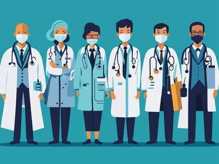 Hero doctors. Health care medical team. Medics and nurses standing together. Clinic workers heal and save lives. Hospital staff in uniform. Heart sign with pulse line. Vector illustrationのイラスト素材