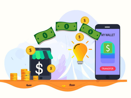 Send and receive money wireless with mobile phones. online wallet mobile app for fast exchange or send payments. Vector illustration.のイラスト素材