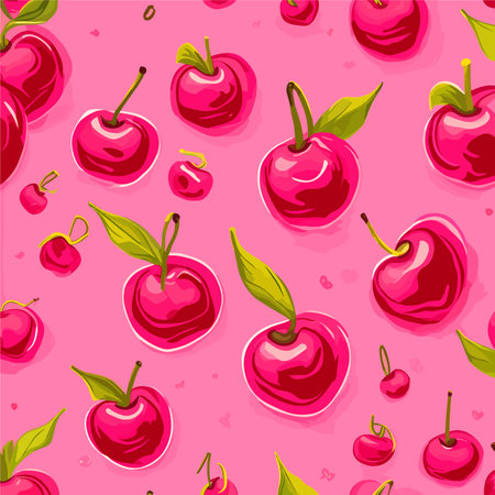 Seamless of cherry fruit with green leaves on pink background vector illustration. Cute cartoon fruit pattern, flat design for fashion print.のイラスト素材