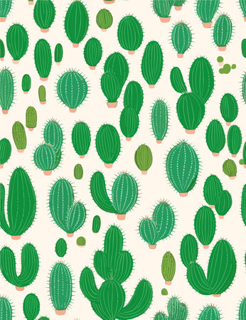 Vector seamless pattern with different cactus. Bright repeated texture with green cacti. Natural hand drawing background with desert plants.のイラスト素材