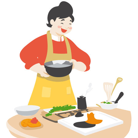 Illustration woman cooking and preparing food, Flat people on culinary workshop, vector concept.のイラスト素材