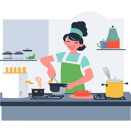 Illustration woman cooking and preparing food, Flat people on culinary workshop, vector concept.のイラスト素材