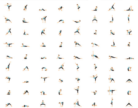 Set of slim sportive young woman doing yoga &amp; fitness exercises. Healthy lifestyle. Collection of female cartoon characters demonstrating various yoga positions isolated on white background - Vectorのイラスト素材