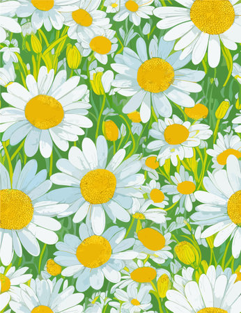 Seamless pattern with chamomile flowers on green background.のイラスト素材