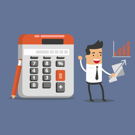 Financial plan, invoice or tax, expense or loan concept, businessman with calculator estimate cost project document, Business character, Vector illustrationのイラスト素材