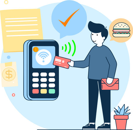 Man paying for hamburger by credit or debit card. Contactless payment system or technology, EMV chip concept. Vector flat illustrationのイラスト素材