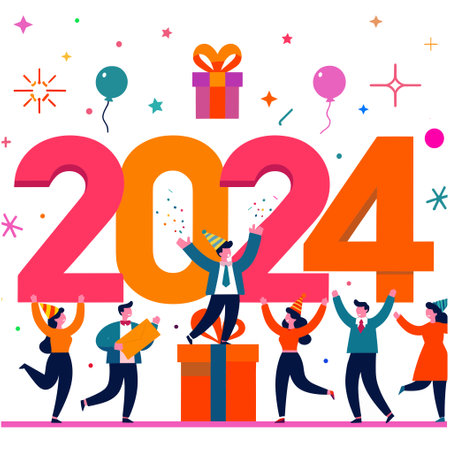 Vector illustration. The holid season is about joy, decorations, and warm greetings The New Year 2024 concept embodies warmth, kindness, and giving A red ribbon and people's party.のイラスト素材