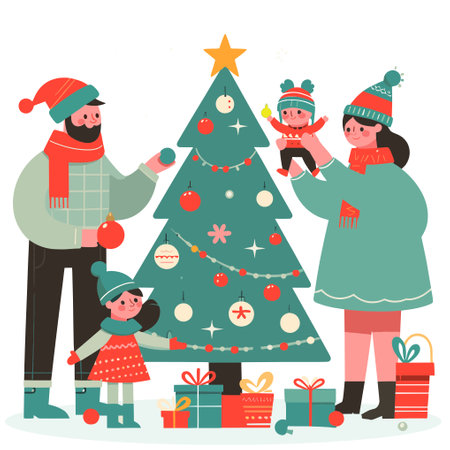 Happy Family Decorates Christmas Tree. Father Put Star on Top of Fir Tree,  People Celebrating New Year and Xmas at Home.のイラスト素材
